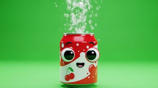 Cartoon Soda Can with Bubbles, Happy Expression, Green Background