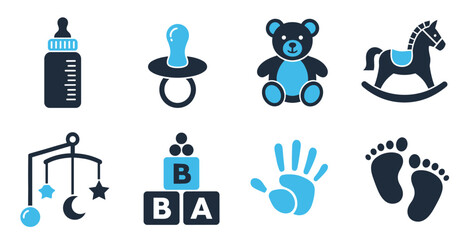 Baby care vector icons collection with diaper bottle stroller pacifier onesie and infant product symbols for parenting applications
