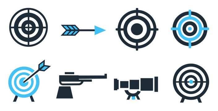 Target and aim vector icons collection featuring bullseye goal setting focus point precision shooting and objective symbols for sports business applications