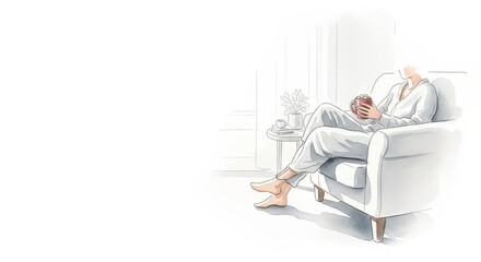 Obraz premium Home Relaxation: Cozy Chair, Warm Drink - Peaceful moment, enjoying a warm beverage in a comfortable armchair. Symbolizes relaxation, comfort, home, warmth, and tranquility