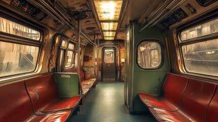 An interior vintage subway train, Subway with empty seats. Inside of a train carriage