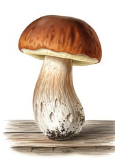 Isolated Boletus Edulis Mushroom on Wooden Table - A single, fresh Boletus Edulis mushroom, showcasing its rich brown cap and creamy white stem, sits elegantly on a rustic wooden table against a