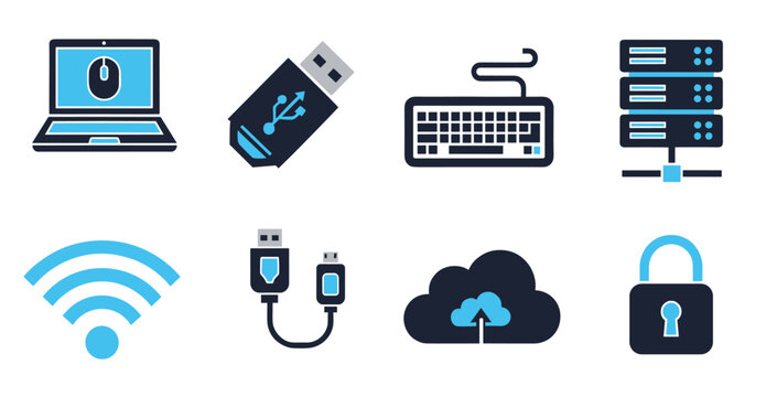 Computer and tech vector icons collection with laptop monitor keyboard coding and digital device symbols