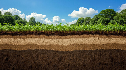 Cross section of fertile soil layers supporting lush green crops under a bright blue sky with fluffy white clouds