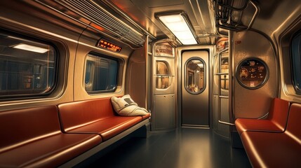 Fototapeta premium An interior vintage subway train, Subway with empty seats. Inside of a train carriage