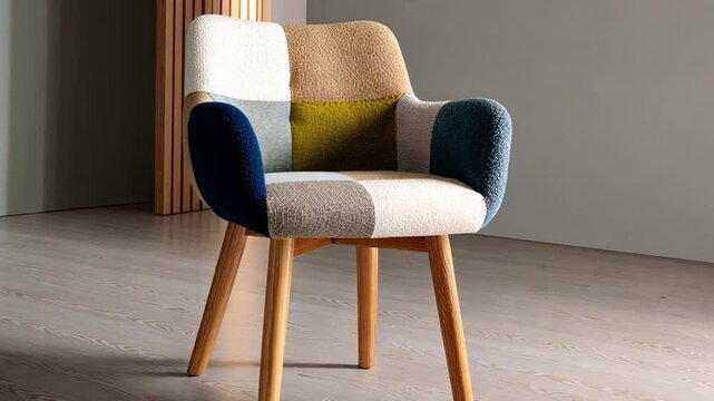 Colorful Modern Armchair Cozy Patchwork Design for Stylish Home Interior Seating with Unique Textures and Warm Wooden Legs