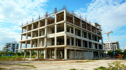 A large, unfinished concrete building with a crane and construction materials in the foreground, against a blue sky with white clouds.