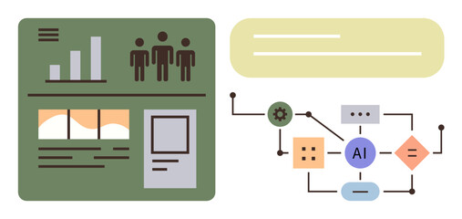 Analytics dashboard with graphs, user demographics, AI-powered connections and flowchart. Ideal for technology, business, data science, artificial intelligence, innovation, teamwork digital