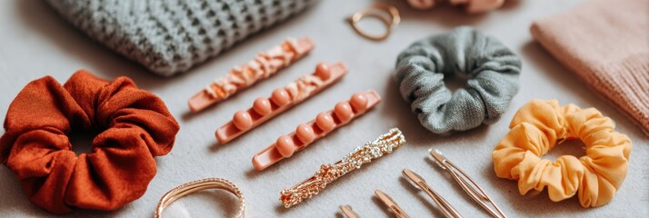 Stylish Flatlay Showcasing Hair Clips and Scrunchies Arranged Neatly on a Soft Neutral Surface With an Open Top Margin