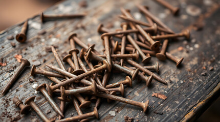 Rusty nails lying on weathered wooden surface