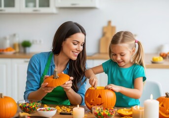 Fototapeta premium Mother and daughter carving pumpkins in bright kitchen for Halloween family