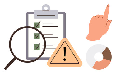 Checklist with green ticks, magnifying glass, caution symbol, pie chart section, and pointing hand. Ideal for project management, priorities, tasks safety analysis productivity monitoring. Simple