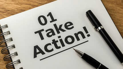 Inspiring notebook page with bold text take action and two elegant pens on a wooden surface