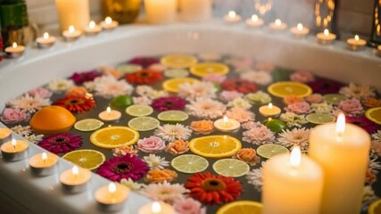 Relaxing bath with citrus fruits and flowers. Luxurious spa treatment includes orange slices, limes, and gerbera daisies floating in water. Romantic bath concept for wellness blog or spa advertising.
