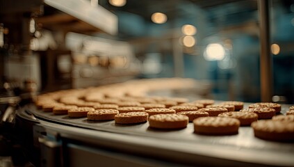 Factory Biscuit Production Line Cookies move along conveyor belt