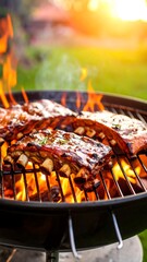 Grilled ribs on a barbecue in the evening sun
