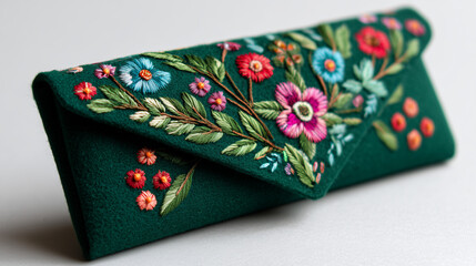 Embroidered floral clutch purse green felt handmade unique design fashion accessory for women stylish handbag