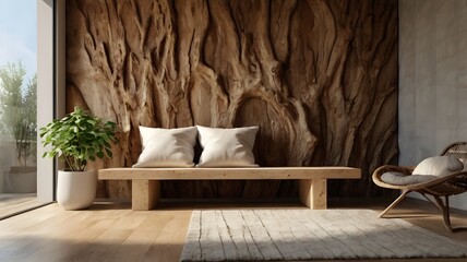 Modern living room with wooden wall and cozy furniture in natural light
