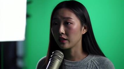 Asian Woman Speaks Into Microphone in Recording Studio with Green Screen - Powered by Adobe