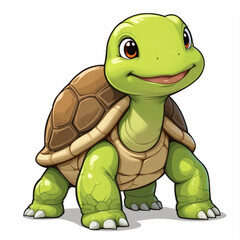 Fototapeta premium A charming cartoon baby turtle with a bright green body and textured brown shell, standing and smiling.