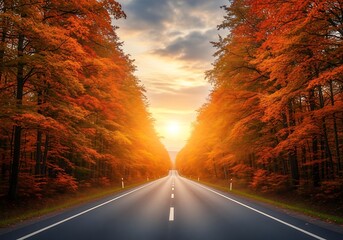 An open road through a forest lined with vibrant autumn trees, leading towards a bright sunburst, symbolizing a journey or adventure