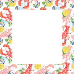 Colorful square seafood frame with lobster, clams, lemon slices pattern on white background. Space for text in the middle. Great for posters, recipe cards, or culinary themed designs.