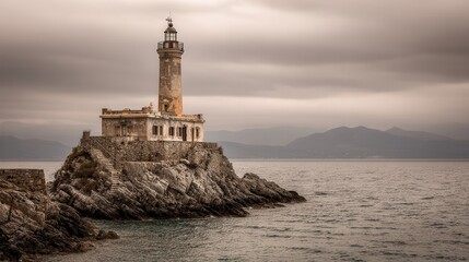 Coastal lighthouse on a rocky outcrop.