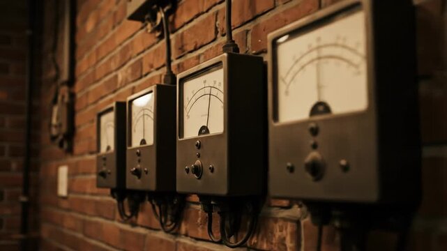 Vintage Electrical Meters Displayed on Brick Wall in Industrial Setting