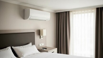 Hotel air conditioner mounted above bed, providing cool comfort in hotel room. The air conditioner ensures restful stay for hotel guests. Perfect air conditioner image for travel, vacation rentals,