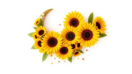 Obraz premium A crescent moon floral arrangement of sunflowers with hearts and stars, 3D render, isolated on white, minimal, elegant. Ideal for wedding designs.