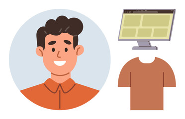 Cheerful man in focus next to modern computer screen and plain t-shirt. Ideal for identity, technology, education, e-commerce, personal branding, web design, fashion. Simple flat metaphor