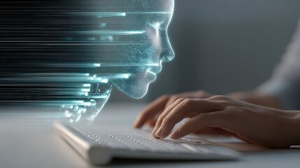 Digital face with data streams and hands typing on keyboard, technology