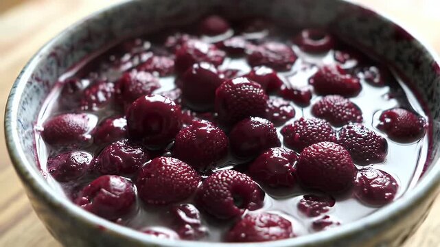 Bowl of Delicious Rote Gr?tze featuring Juicy Red Berries in Sweet Sauce on Wooden Table a Close Up Shot Perfect for Illustrating German Cuisine Dessert Recipes Bakery Promotions and Evoking Culinary