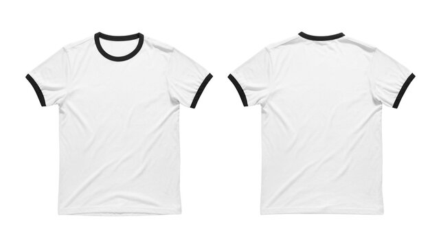 A product photo of a white ringer t-shirt displayed from two angles - front and back views.