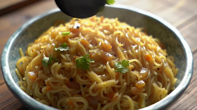 Close Up Bowl of Delicious Golden Sevai Noodles Tossed with Spices Vegetables and Herbs on Wooden Table Perfect for Culinary Themed Presentations or Indian Cuisine Cooking Tutorials and Pastry Video