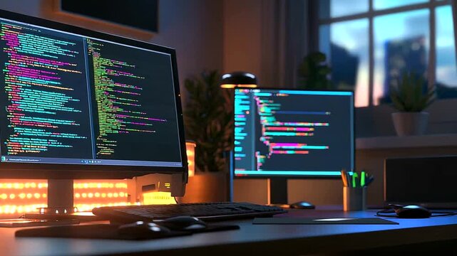 Cozy coding setup: Dual monitors displaying code, illuminated workspace for developers and
