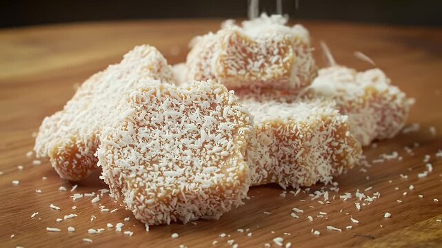 Close Up Cocada Preparation Featuring Finely Grated Coconut Sprinkling on Traditional Sweet Coconut Confection on Wooden Table Delicious Gourmet Treat, Bakery Promotion, Pastry Promotions and