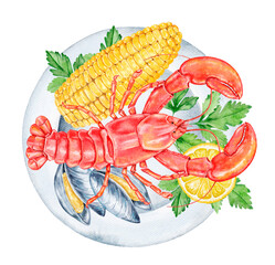 Top view of a seafood plate featuring red lobster, grilled corn, mussels, lemon and parsley on white plate. Perfect for menu design, recipe content, or culinary branding.