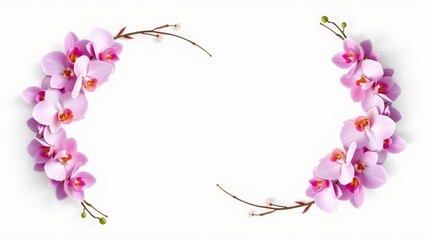 A half-circle orchid wreath with pearls and ribbons, 3D render, isolated on white, clean, minimal, elegant, suitable for wedding designs.