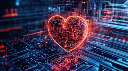 Red digital heart in cyberspace. Virtual reality, programming and information technology of the future. Artificial intelligence, code data and cybersecurity. St. Valentine's Day love concept - Powered by Adobe