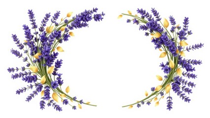 Lavender half-circle wreath with gold leaves/vines, folk art, isolated on white. Minimal, realistic, elegant. Ideal for wedding designs.