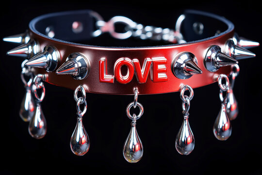 leather choker with metal spikes on a black background. A BDSM accessory for role-playing games with submission and domination