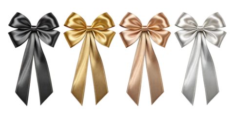 Realistic Satin Metallic Ribbon Bows Set – Black, Gold, Bronze & Silver on Transparent Background
Luxury Metallic Gift Ribbon Bows Collection – Shiny Satin Textures with Elegant Loops and Tails