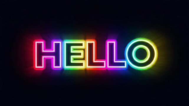 Hello in bright, colorful neon glows against black backdrop. Hello is glowing with different colors making rainbow effect and creates modern, vibrant aesthetic.
