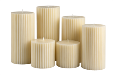  cream ribbed pillar candles of different heights isolated on transparent background