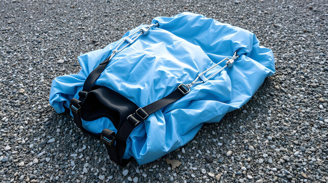 Waterproof backpack lying on gravel awaits next adventure