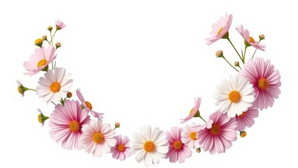 Obraz premium A half-circle cosmos wreath in vintage botanical style. Isolated, clean, minimal, realistic, and elegant. Perfect for wedding designs.