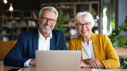 Smiling Senior Couple in Business Attire Working on Laptop at Modern Office Environment