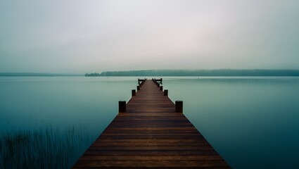 Fototapeta premium Wooden pier stretches across calm lake under a foggy sky, creating a peaceful, serene atmosphere