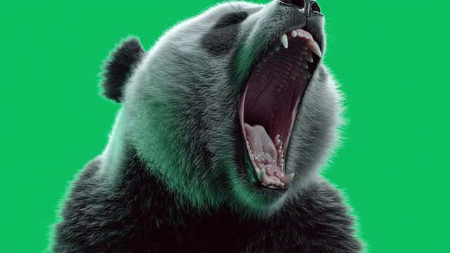 Close up of a panda bear with its mouth open against a green colored background space for text green screen animal video